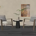 Modern Accent Chairs in Beige with Wooden Armrests Side Table Plant and Decorative Painting