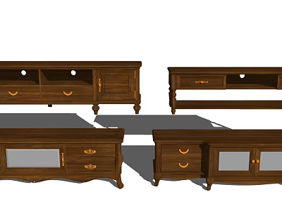 Traditional Wooden TV Stands With Drawers Cabinet Doors And Golden Handles 3d model