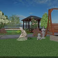 Beautiful Garden Yard Design With Green Grass Wooden Gazebo Swing Bench Stone Statues And Trees