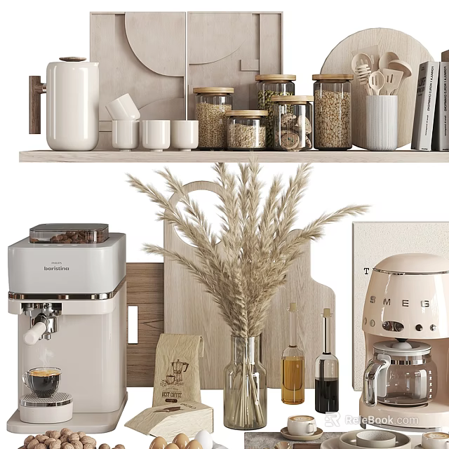 Modern Tableware Set with Kettle Coffee Machine Storage Jars Mugs and Decorative Plants 3d model 