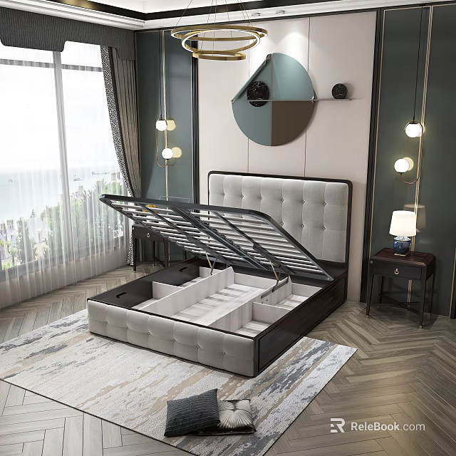 Modern Double Bed with Storage Upholstered Headboard by Sea View Window Decorative Mirror and Rug 3d model 