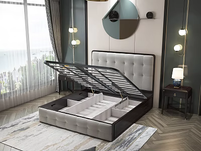 Modern Double Bed with Storage Upholstered Headboard by Sea View Window Decorative Mirror and Rug 3d model