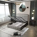 Modern Double Bed with Storage Upholstered Headboard by Sea View Window Decorative Mirror and Rug