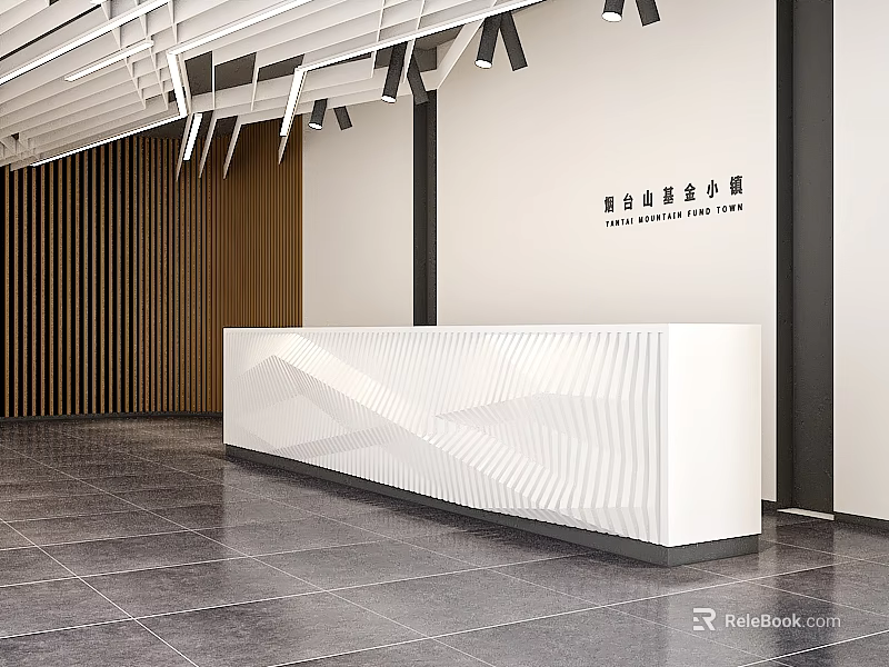 Modern Office Reception Desk With White Wavy Design Gray Floor And Wooden Wall Panel 3d model 