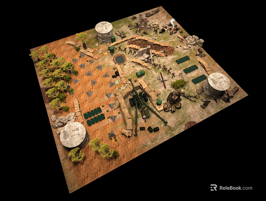 Detailed Military Cannon in Battlefield Model With Bunkers Trees and Trenches 3d model 