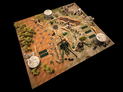 Detailed Military Cannon in Battlefield Model With Bunkers Trees and Trenches 3d model