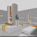 Modern Store Interior With Orange White Gray Decor Display Shelves Seating And Lighting