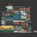 Colorful Multi Level Building 3D Model With Panda Graphic Yellow Tram And Balconies
