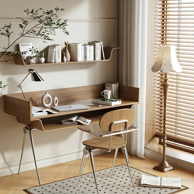 Modern Wooden Desk with Bookshelf Laptop Lamp Green Plants and Chair by Window 3d model 