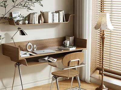 Modern Wooden Desk with Bookshelf Laptop Lamp Green Plants and Chair by Window 3d model