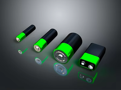 Four Black and Green High Capacity Batteries for Mobile Digital Devices with Reflective Surface 3d model