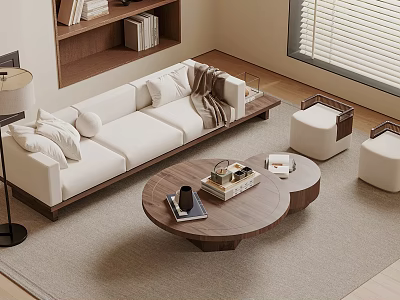 Modern Minimalist Living Room Sofa And Coffee Table Set With Wooden Frame And White Upholstery 3d model