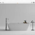 Modern White Freestanding Bathtub With Shower Faucet Wooden Tray And Towel Rack
