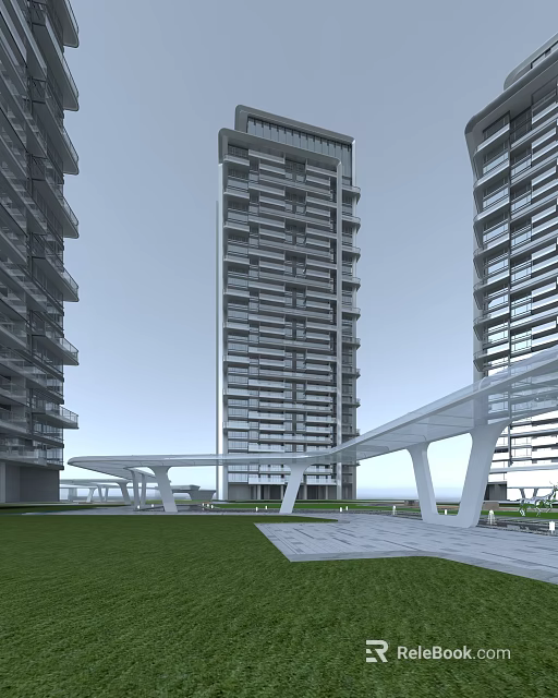 Modern High Rise Residential Building With Glass Facade Balconies Green Lawn and Contemporary Design 3d model 