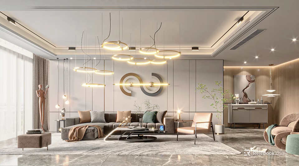 Modern Luxury Living Room Interior With Pendant Lights Sofa Coffee Table Rug And Green Plants 3d model 