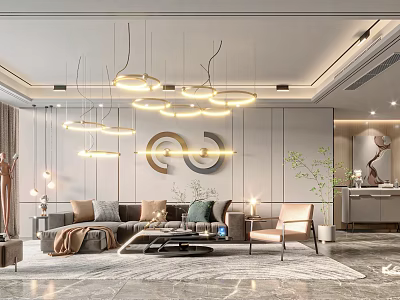 Modern Luxury Living Room Interior With Pendant Lights Sofa Coffee Table Rug And Green Plants 3d model