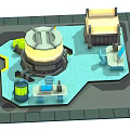 Cartoon Isometric Scene With Workstations Computers Central Circular Structure Blue Area And Yellow Elements 3d model