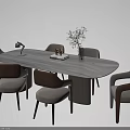 Elegant Modern Dining Table Set With Marble Top Six Upholstered Chairs And Green Plant Decor