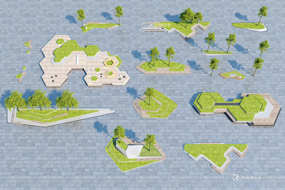 Creative Tree Pits Design With Various Shapes Green Vegetation And Paved Ground Landscape Elements 3d model 