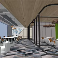 Public Office Space With Open Layout Wooden Ceiling Glass Partitions Green Wall And Colorful Carpet