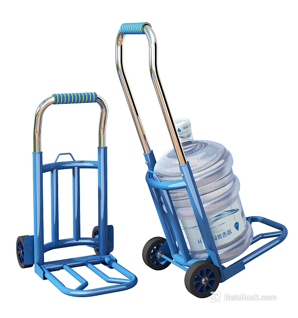 Two Blue Utility Hand Trucks With One Holding Large Water Bottle 3d model