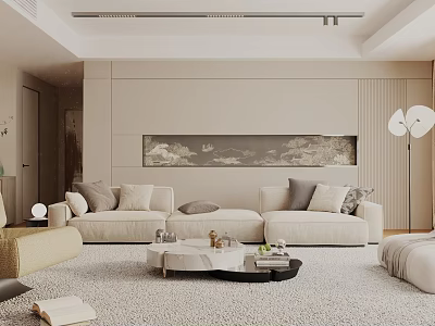 Modern Living Room Interior With Beige Sofa Coffee Table Decorative Painting And Floor Lamp 3d model