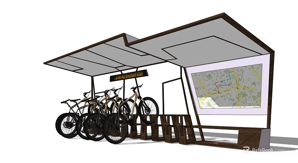 Outdoor Canopy With Wooden Structure For Bicycle Parking And Map 3d model 
