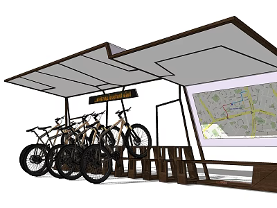 Outdoor Canopy With Wooden Structure For Bicycle Parking And Map 3d model