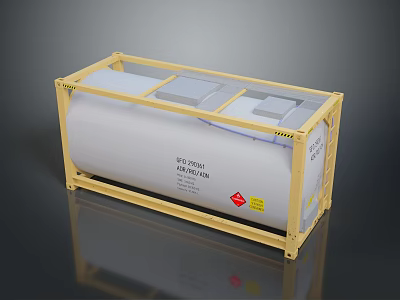 Yellow Frame Transport Container With White Storage Tank And Hazardous Labels 3d model
