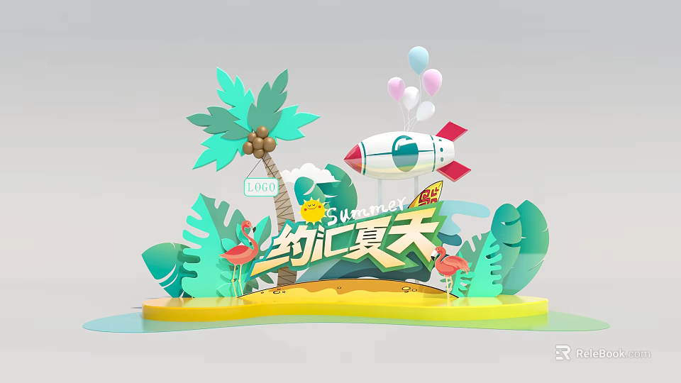 Summer Photo Check In Spot With Palm Trees Balloons Rocket Model And Flamingo 3d model 