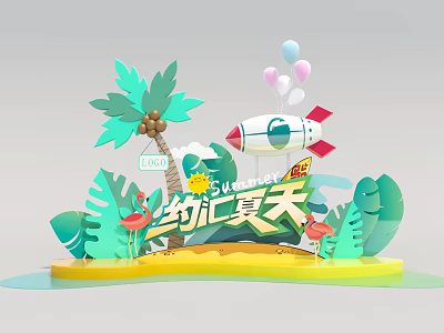 Summer Photo Check In Spot With Palm Trees Balloons Rocket Model And Flamingo 3d model