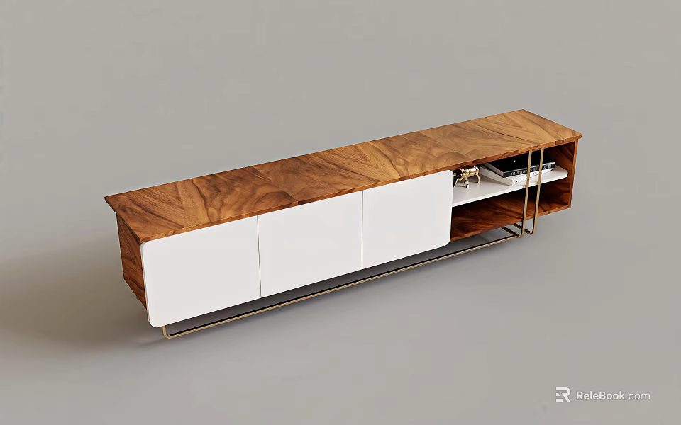 Modern TV Stand With Wooden Top White Cabinet Doors And Metal Frame 3d model 