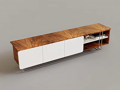Modern TV Stand With Wooden Top White Cabinet Doors And Metal Frame 3d model