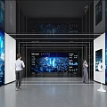 Modern Exhibition Hall With Large Screen Displaying Digital Data And Model On Platform 3d model