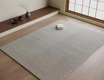 Square Gray White Striped Rug On Wooden Floor With Window Sill And Book 3d model
