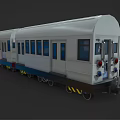 White Connected Train Carriages With Multiple Windows Doors And Yellow Black Bottom Stripes 3d model