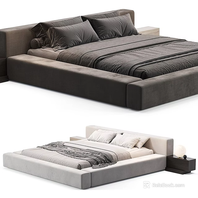Modern Upholstered Double Bed With Light Dark Bedding And Nightstand Design 3d model 