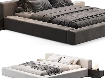 Modern Upholstered Double Bed With Light Dark Bedding And Nightstand Design 3d model
