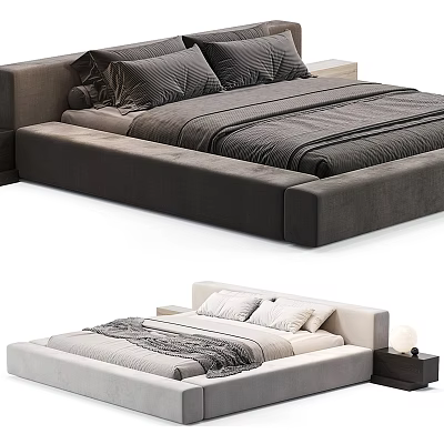 Modern Upholstered Double Bed With Light Dark Bedding And Nightstand Design 3d model