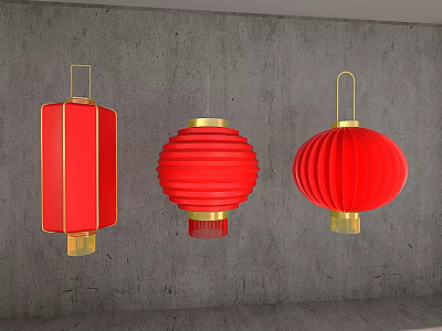 Red Chinese Lanterns Hanging On Gray Wall Square And Round Shapes With Gold Accents 3d model