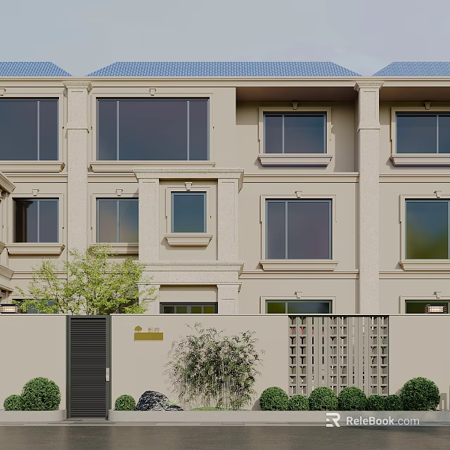 Modern Single Family Home Exterior With Beige Walls Large Windows Blue Roof And Green Shrubs 3d model 
