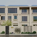 Modern Single Family Home Exterior With Beige Walls Large Windows Blue Roof And Green Shrubs