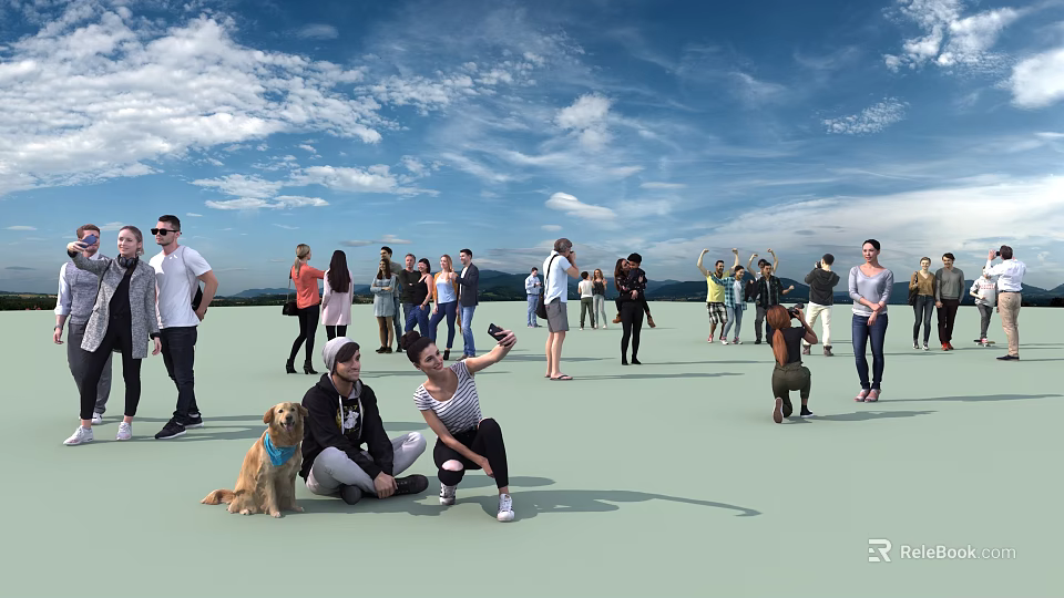 Group of People Enjoying Activities in Outdoor Open Area Under Blue Sky With White Clouds 3d model 