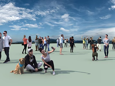 Group of People Enjoying Activities in Outdoor Open Area Under Blue Sky With White Clouds 3d model