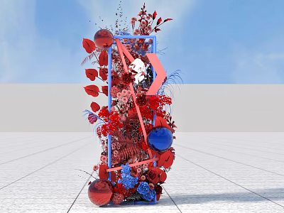 Stunning Flower Art Installation Featuring Red Blue Flowers Decorative Balls Leaves And Blue Frame 3d model