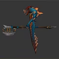 Red and Blue Game Movie Character With Dragon Head Scaly Body Holding Axe Standing