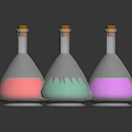 Three Household Conical Flasks With Orange Caps And Colorful Transparent Liquids