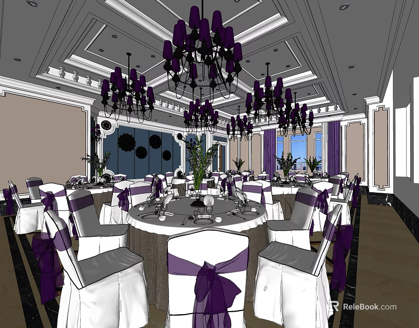 Elegant Banquet Hall With Round Tables White Tablecloths Purple Ribbons And Chandeliers 3d model 