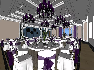 Elegant Banquet Hall With Round Tables White Tablecloths Purple Ribbons And Chandeliers 3d model