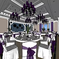Elegant Banquet Hall With Round Tables White Tablecloths Purple Ribbons And Chandeliers